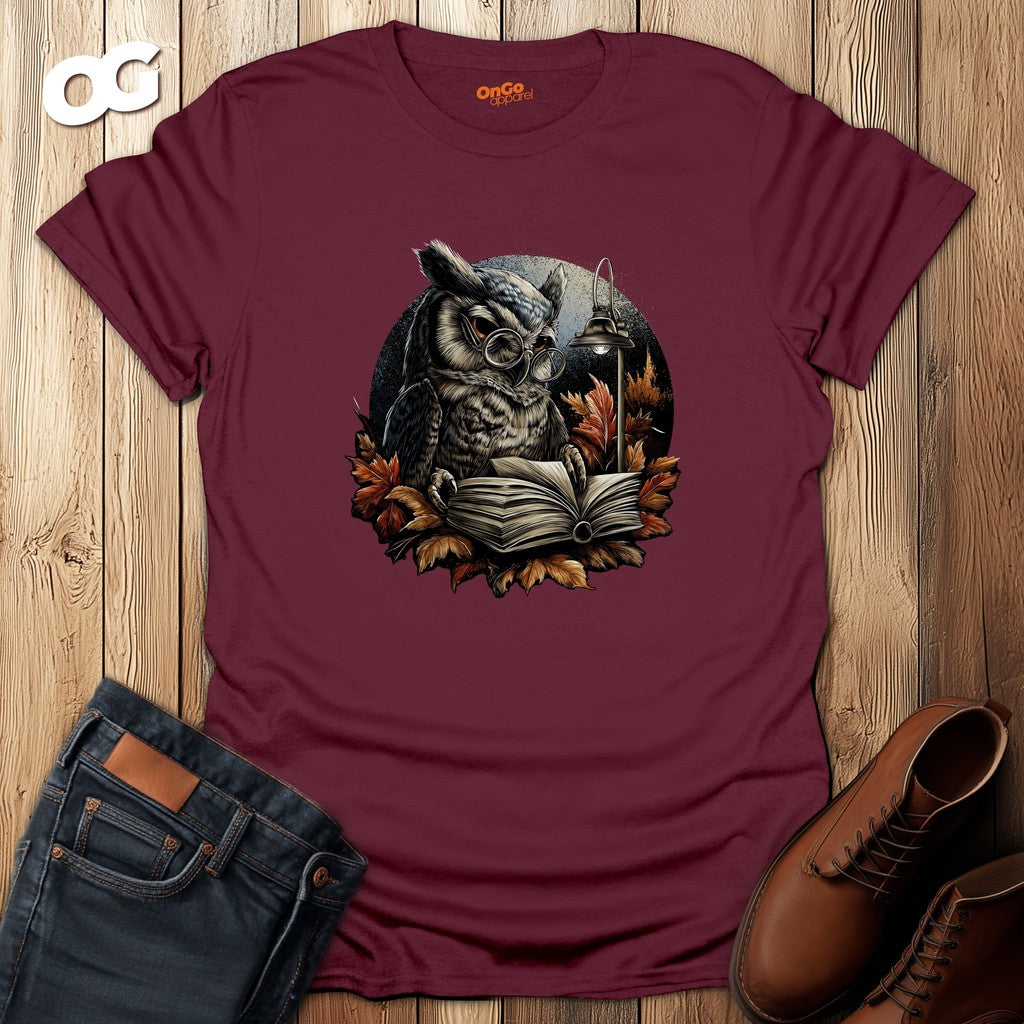 Owl Reading Book T-Shirt with Fall Leaves Design – maroon – oak-wood