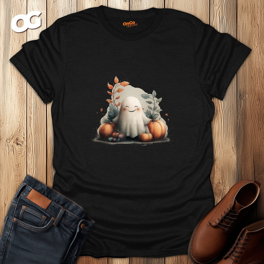 Cute Ghost and Pumpkin T-Shirt Design – black – oak-wood