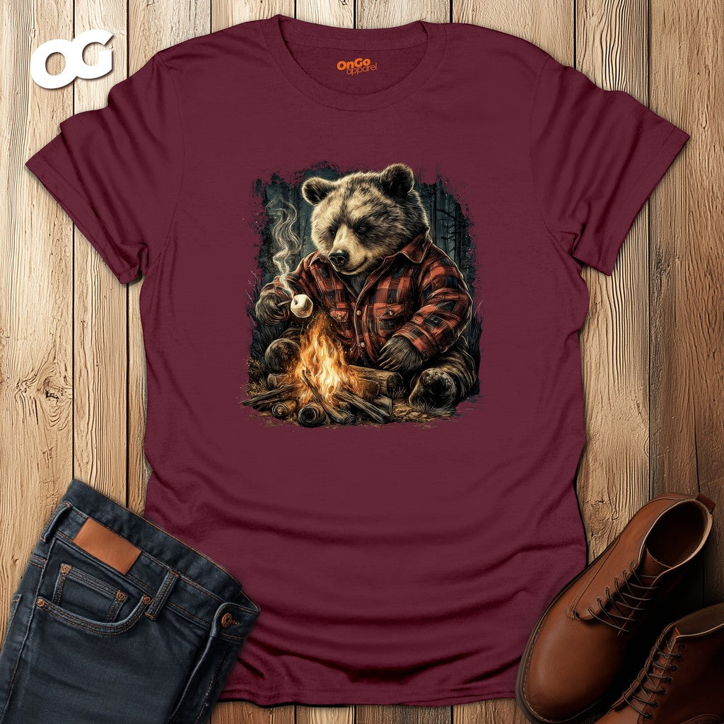 Cozy Bear Campfire T-Shirt with Marshmallow Design – maroon – oak-wood