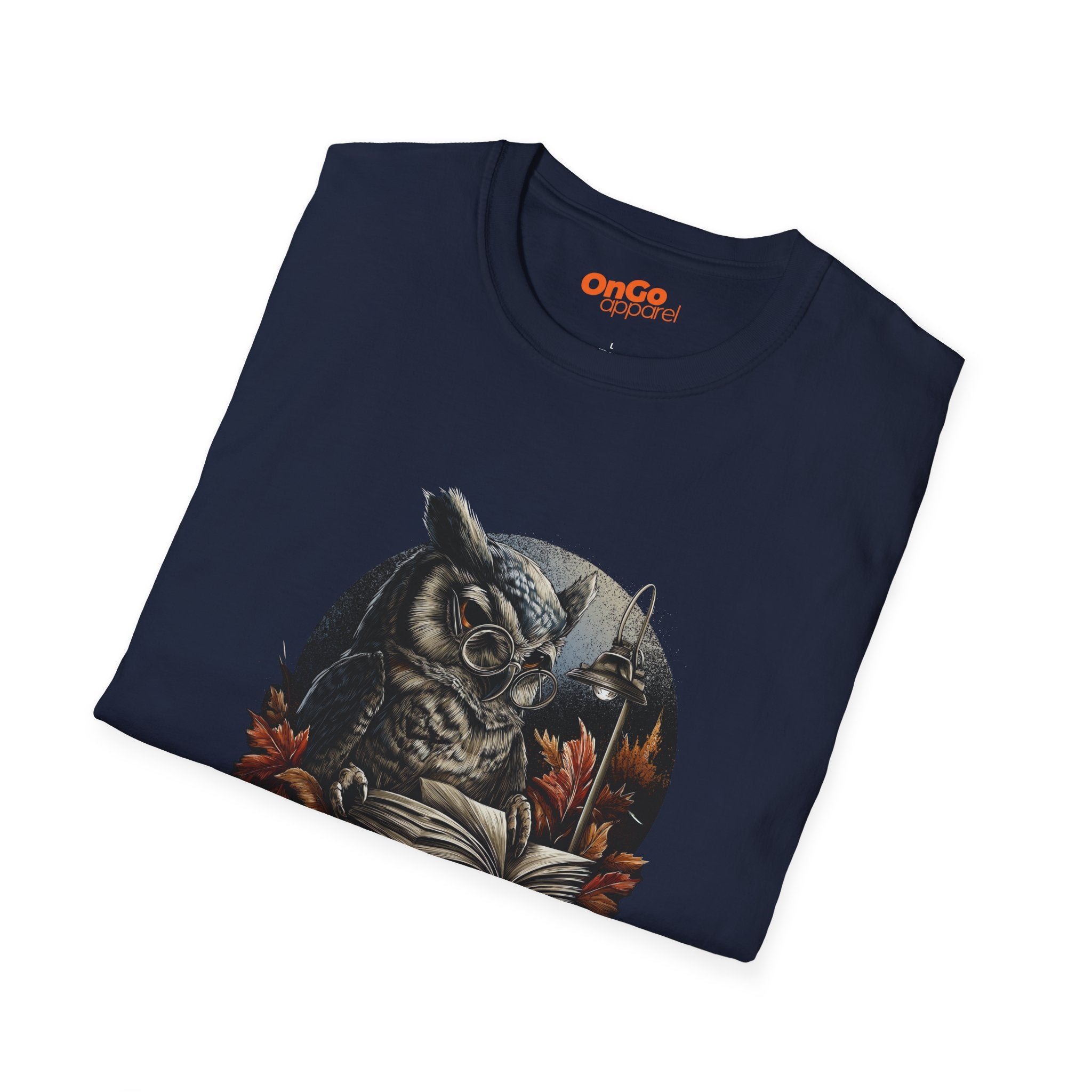 Owl Reading Book T-Shirt with Fall Leaves Design