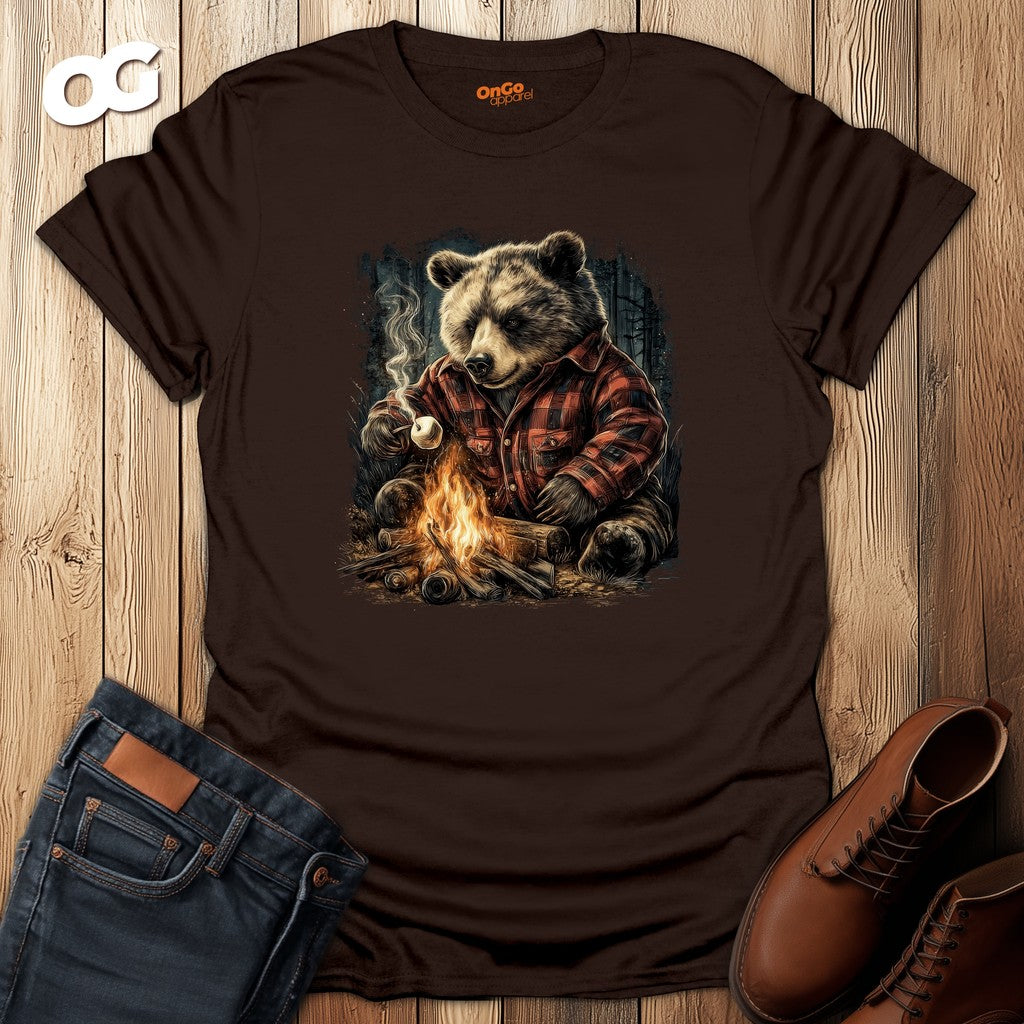 Cozy Bear Campfire T-Shirt with Marshmallow Design – dark_chocolate – oak-wood