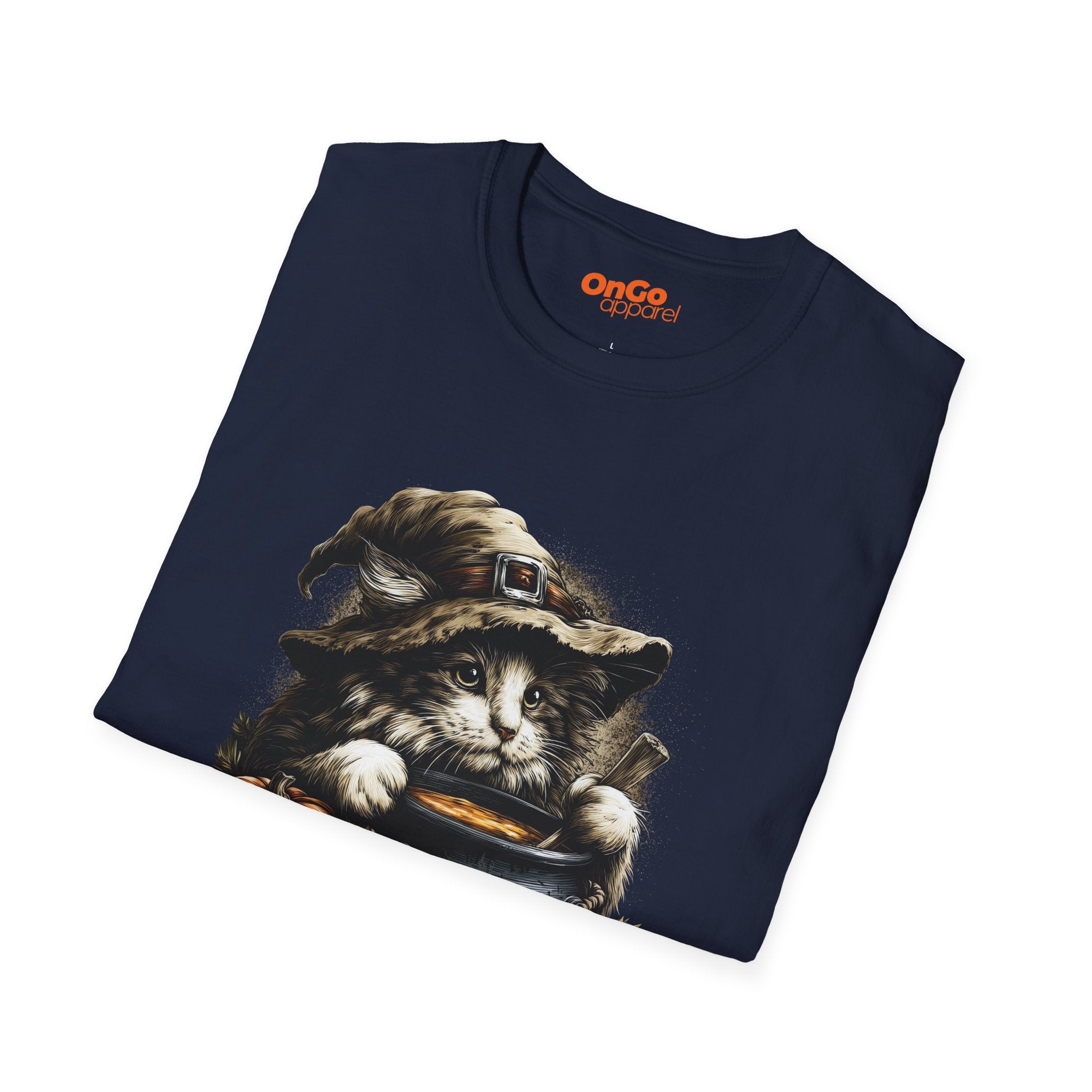Cat Witch T-Shirt with Pumpkin Cauldron Design