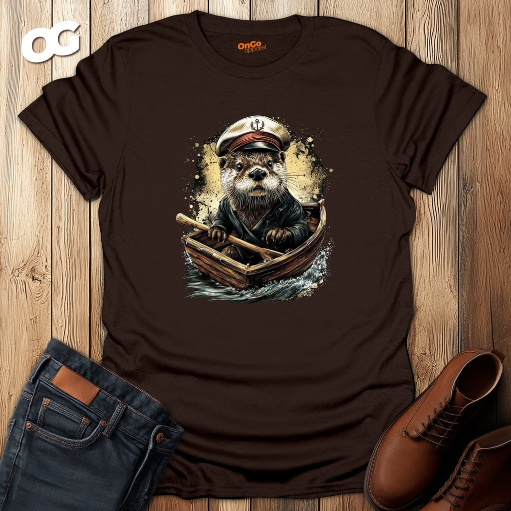 Charming Otter Captain T-Shirt with Rowboat Design – dark_chocolate – oak-wood