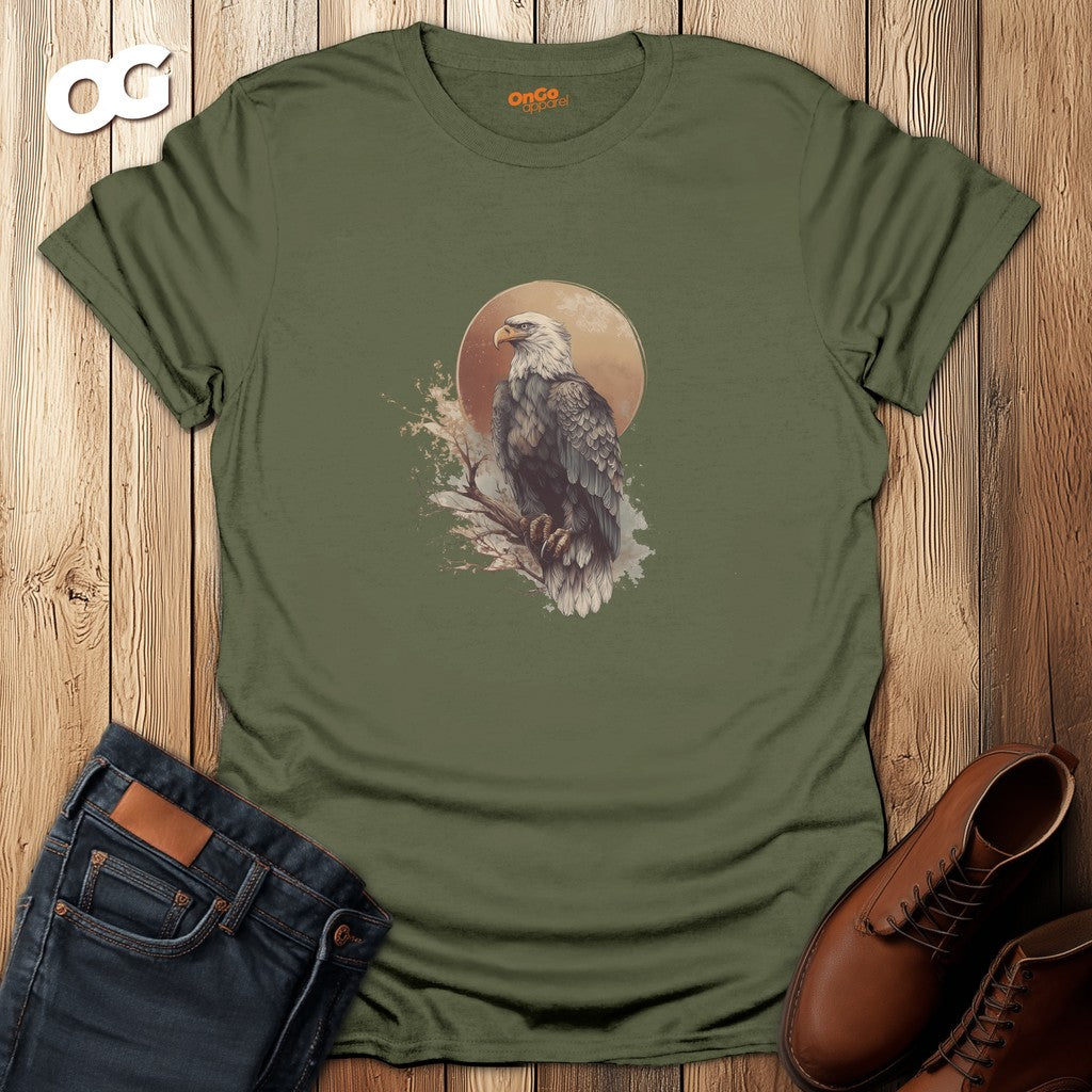 Eagle Design T-Shirt with Natural Scene – military_green – oak-wood