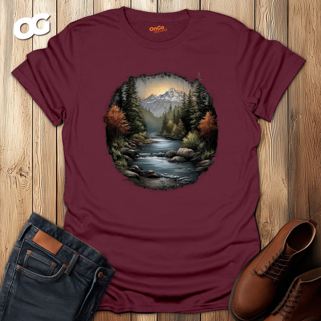 Nature Landscape T-Shirt with River and Mountain Design – maroon – oak-wood