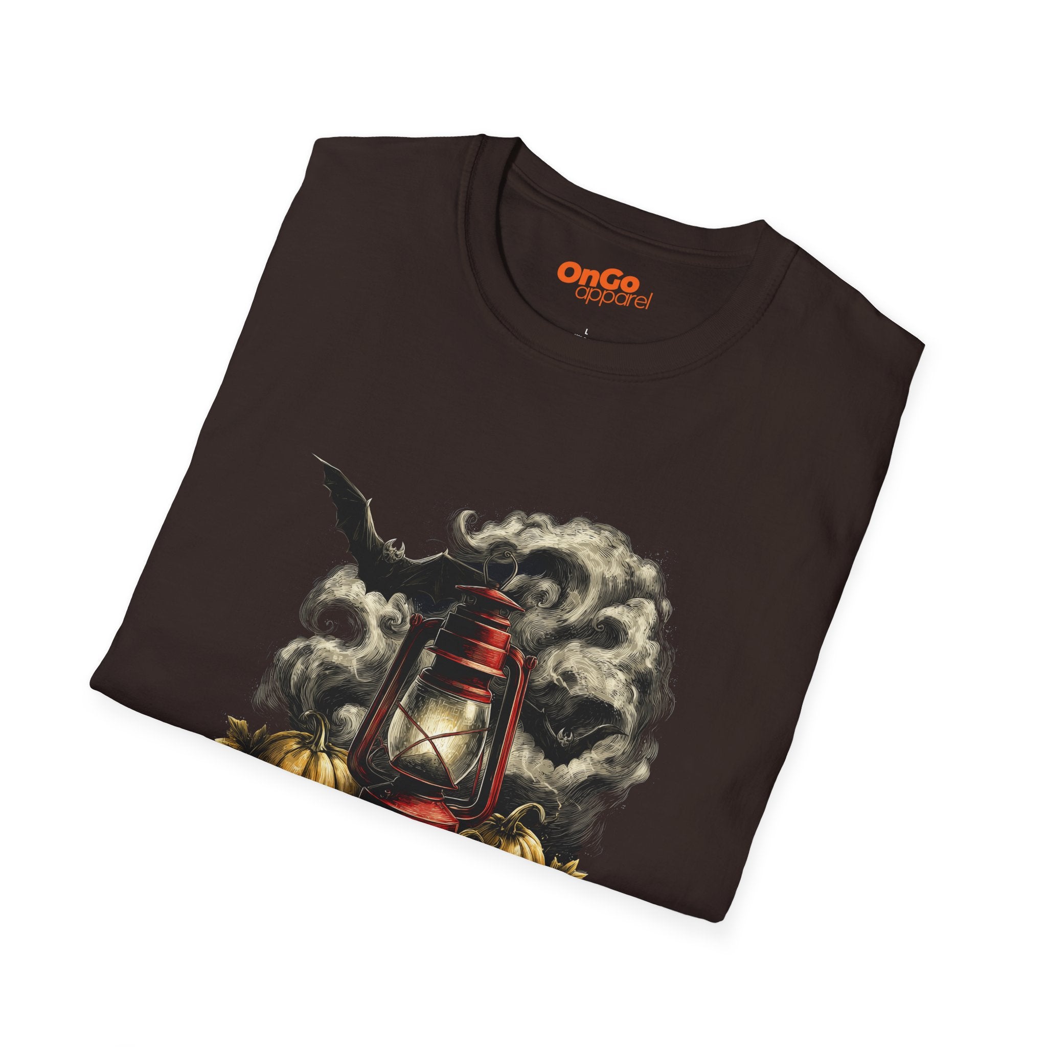 Eerie Lantern T-Shirt with Bats and Pumpkins Design