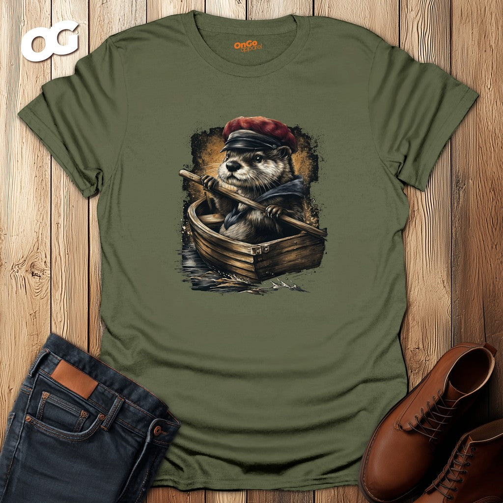 Otter in Boat T-Shirt with Red Cap Design – military_green – oak-wood