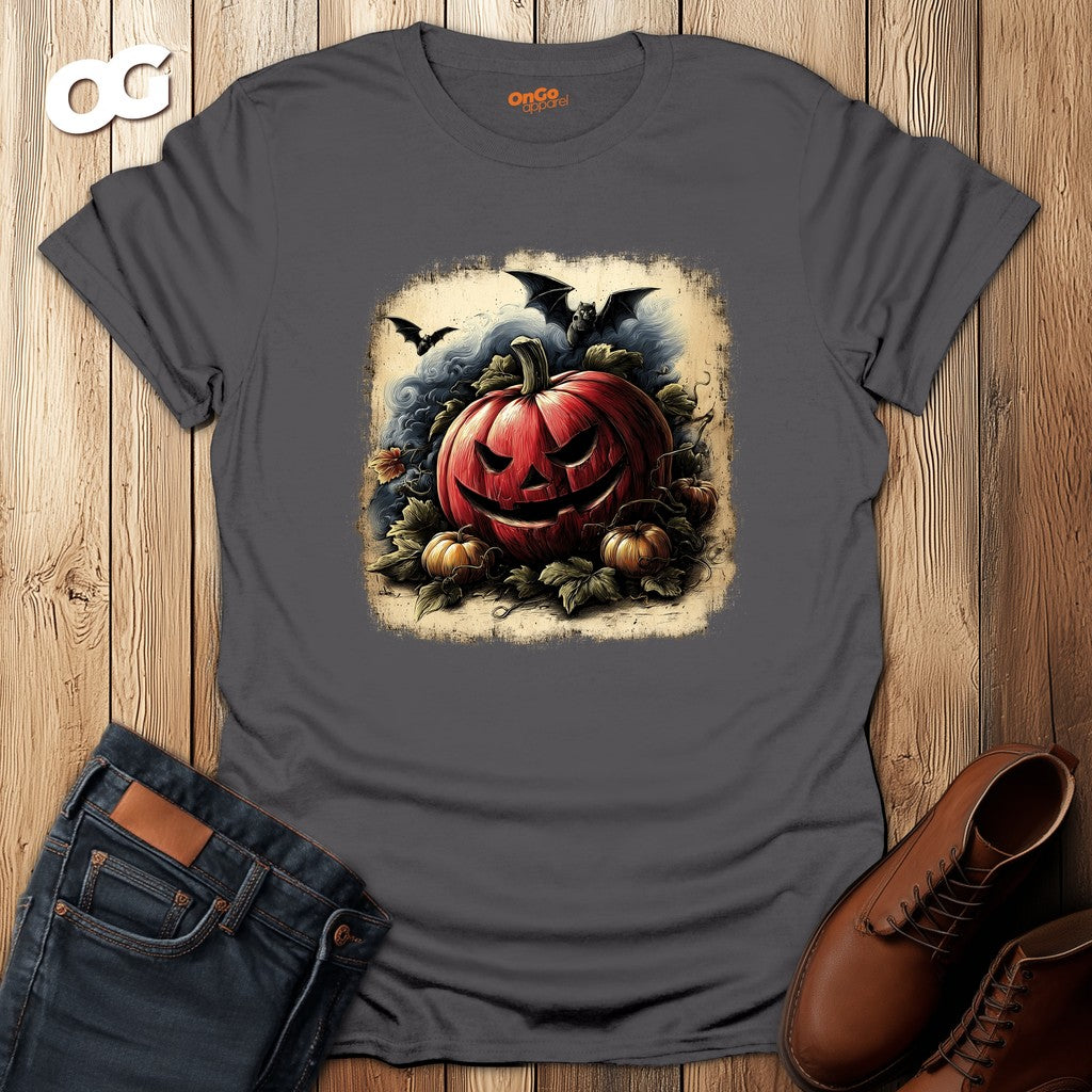 Jack-o'-Lantern Halloween T-shirt with Bats Design – charcoal – oak-wood