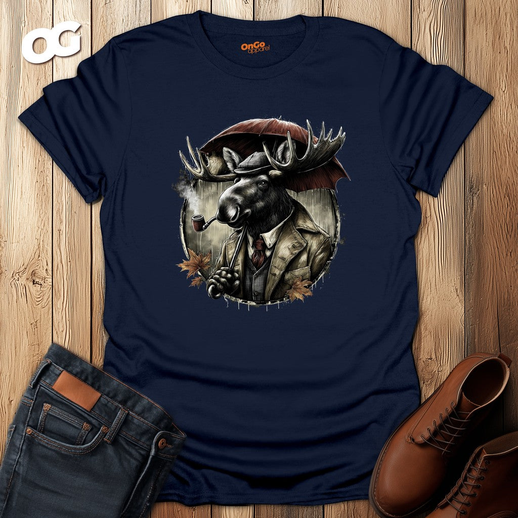 Stylish Moose with Umbrella and Pipe T-Shirt – navy – oak-wood