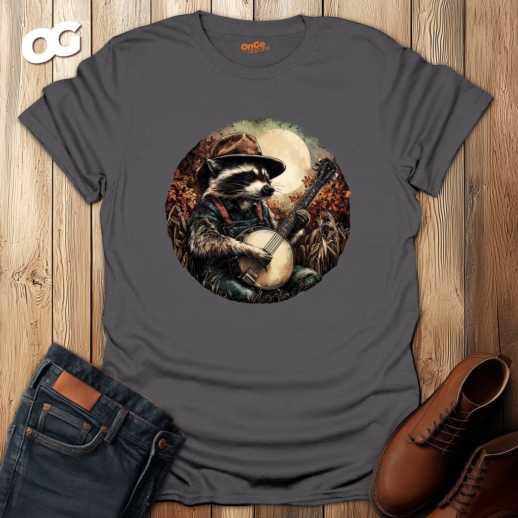 Raccoon with Banjo T-Shirt - Woodland Music Art – charcoal – oak-wood