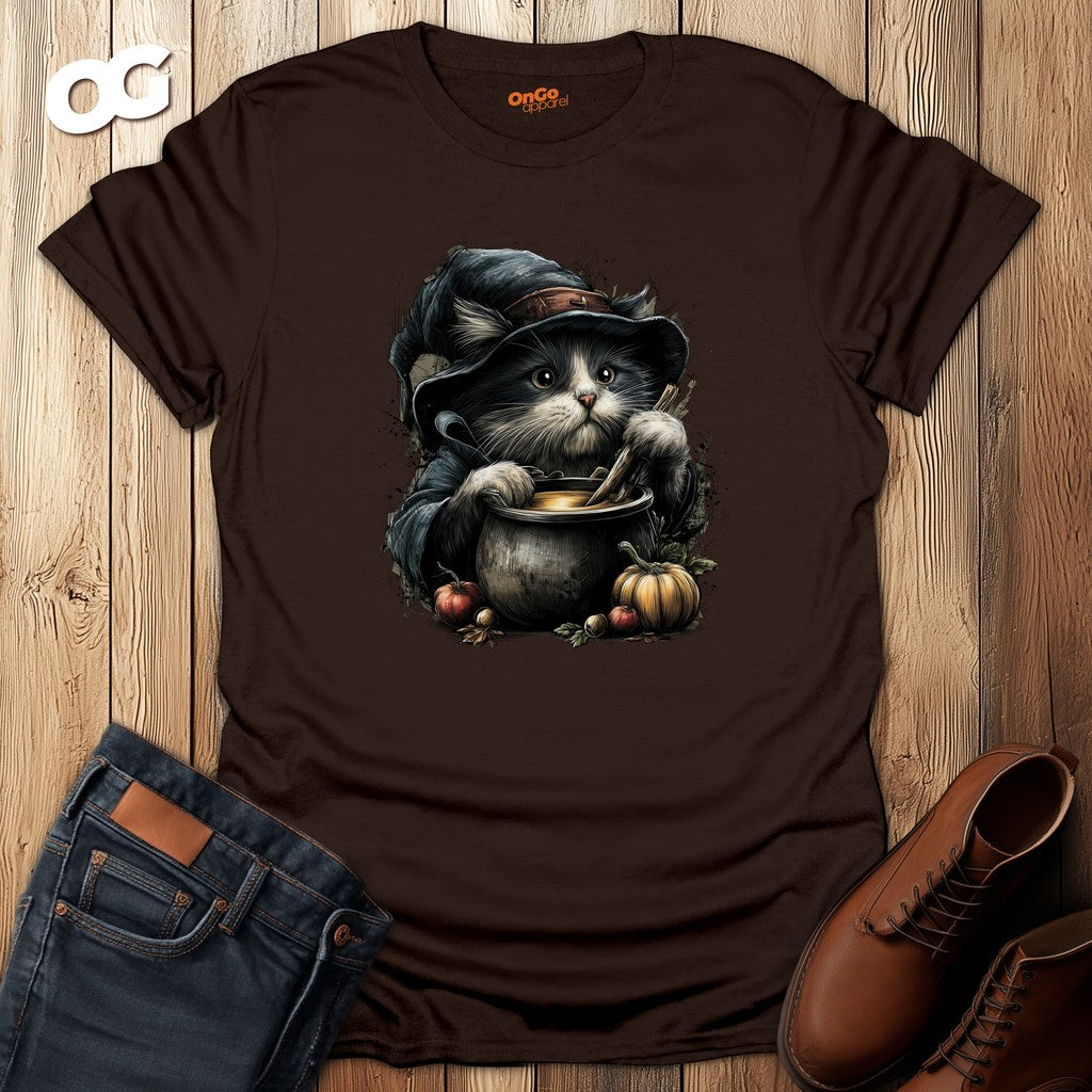 Cat Witch and Pumpkin Cauldron T-Shirt – dark_chocolate – oak-wood