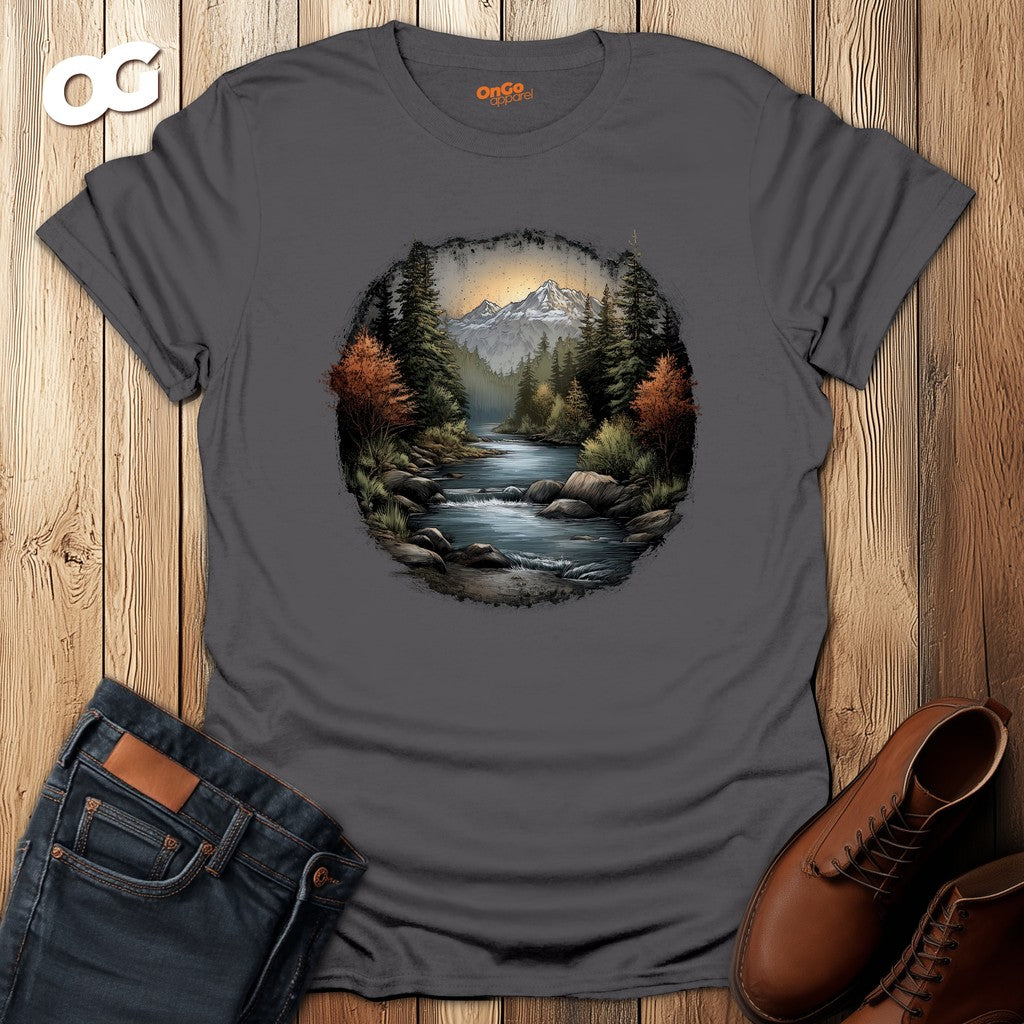 Nature Landscape T-Shirt with River and Mountain Design – charcoal – oak-wood