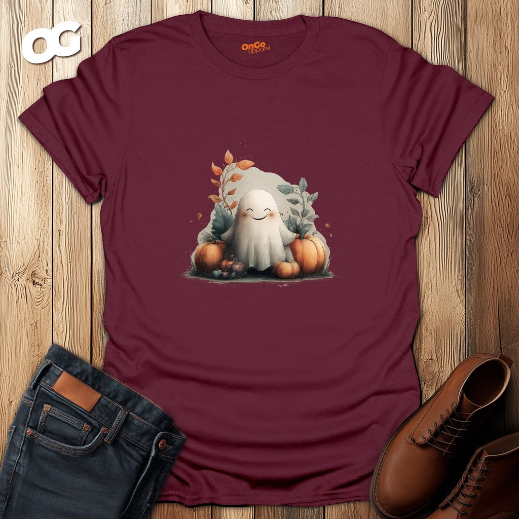 Cute Ghost and Pumpkin T-Shirt Design – maroon – oak-wood