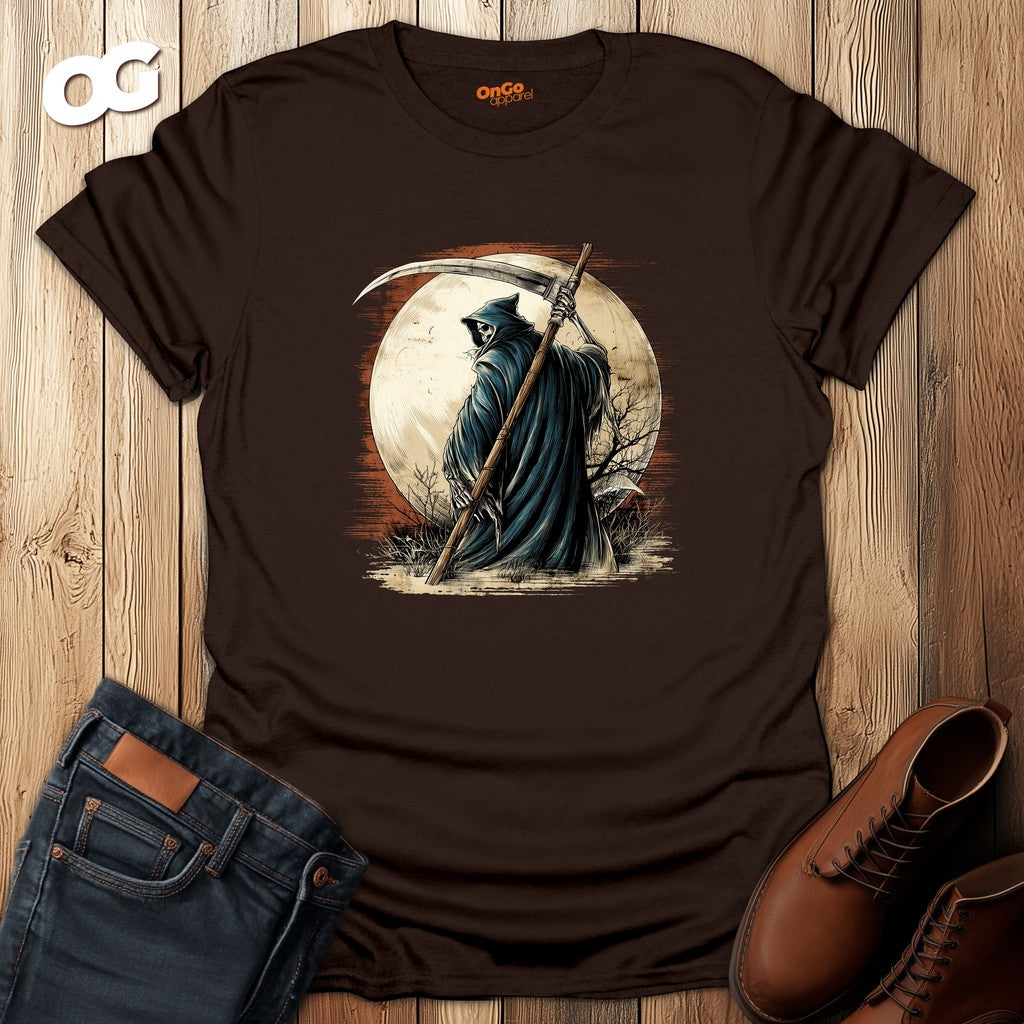 Grim Reaper Scythe and Moon Graphic T-Shirt – dark_chocolate – oak-wood