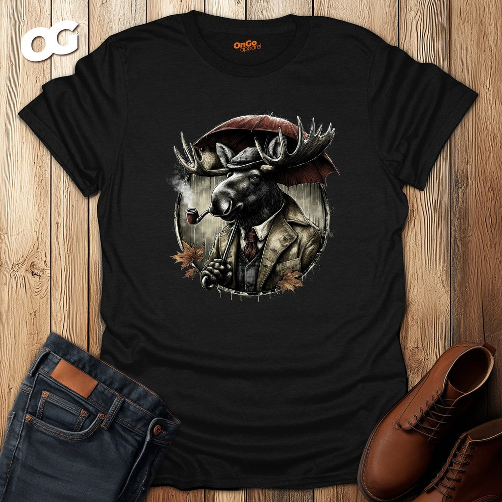 Stylish Moose with Umbrella and Pipe T-Shirt – black – oak-wood
