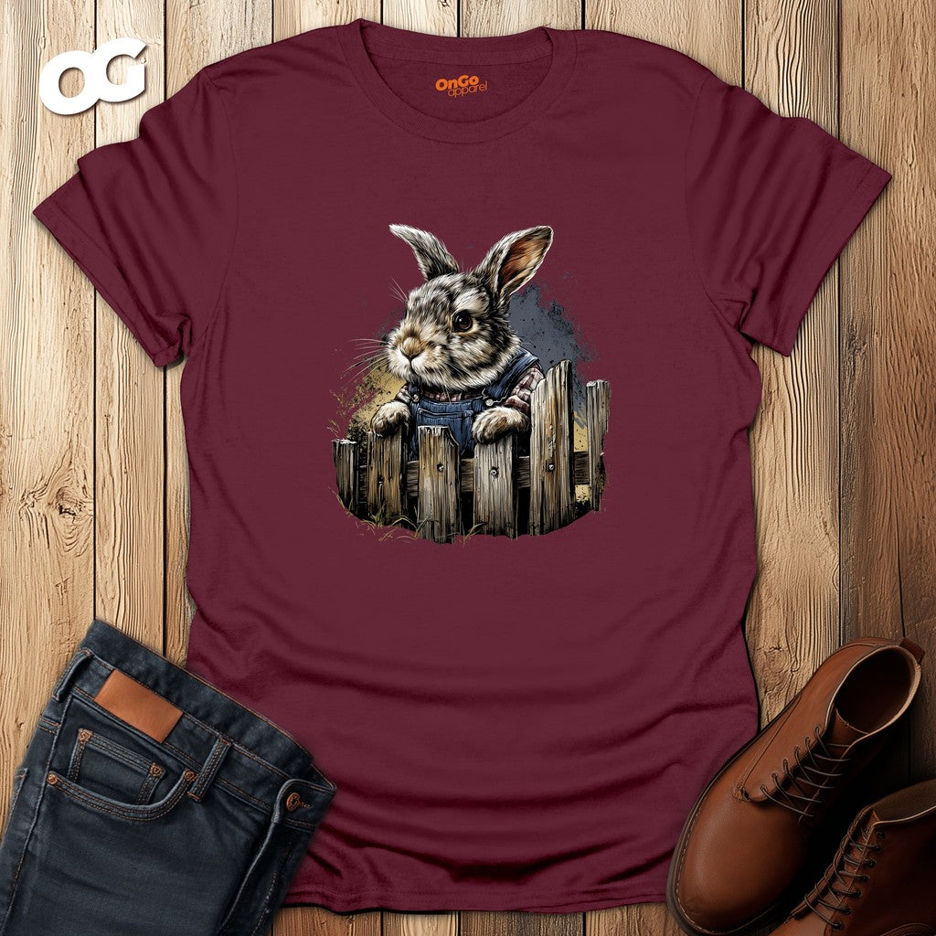 Charming Bunny in Overalls T-Shirt – maroon – oak-wood