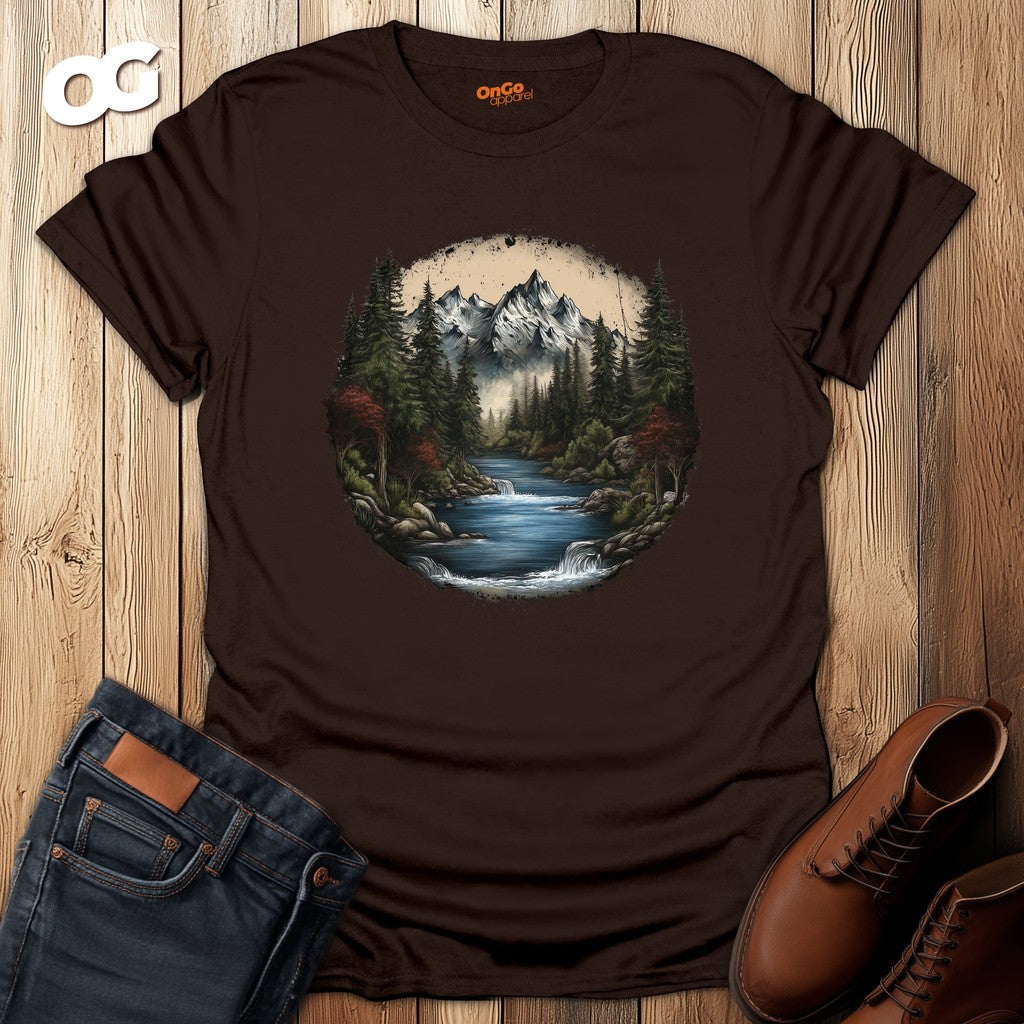 Nature Landscape T-Shirt with Mountain River Design – dark_chocolate – oak-wood