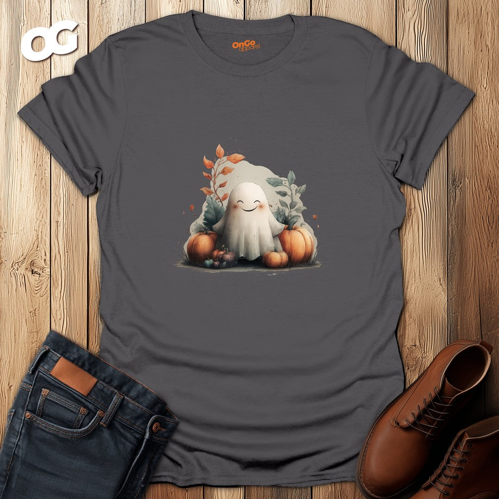 Cute Ghost and Pumpkin T-Shirt Design – charcoal – oak-wood