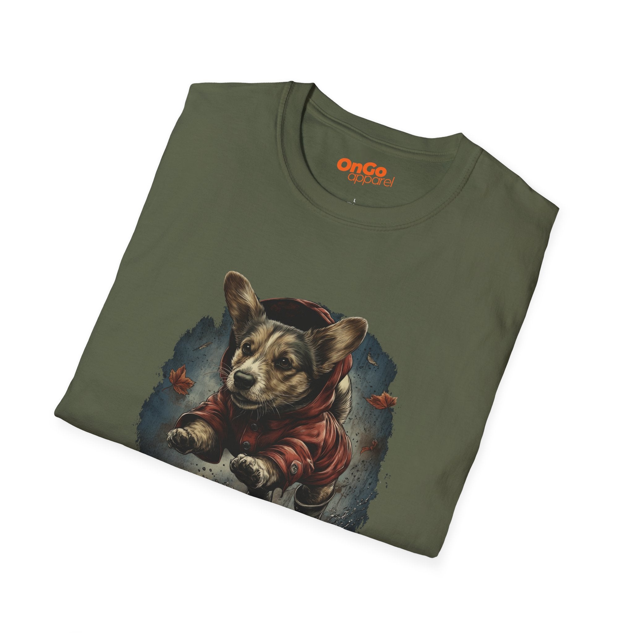 Corgi in Boots T-Shirt with Fall Leaves Design