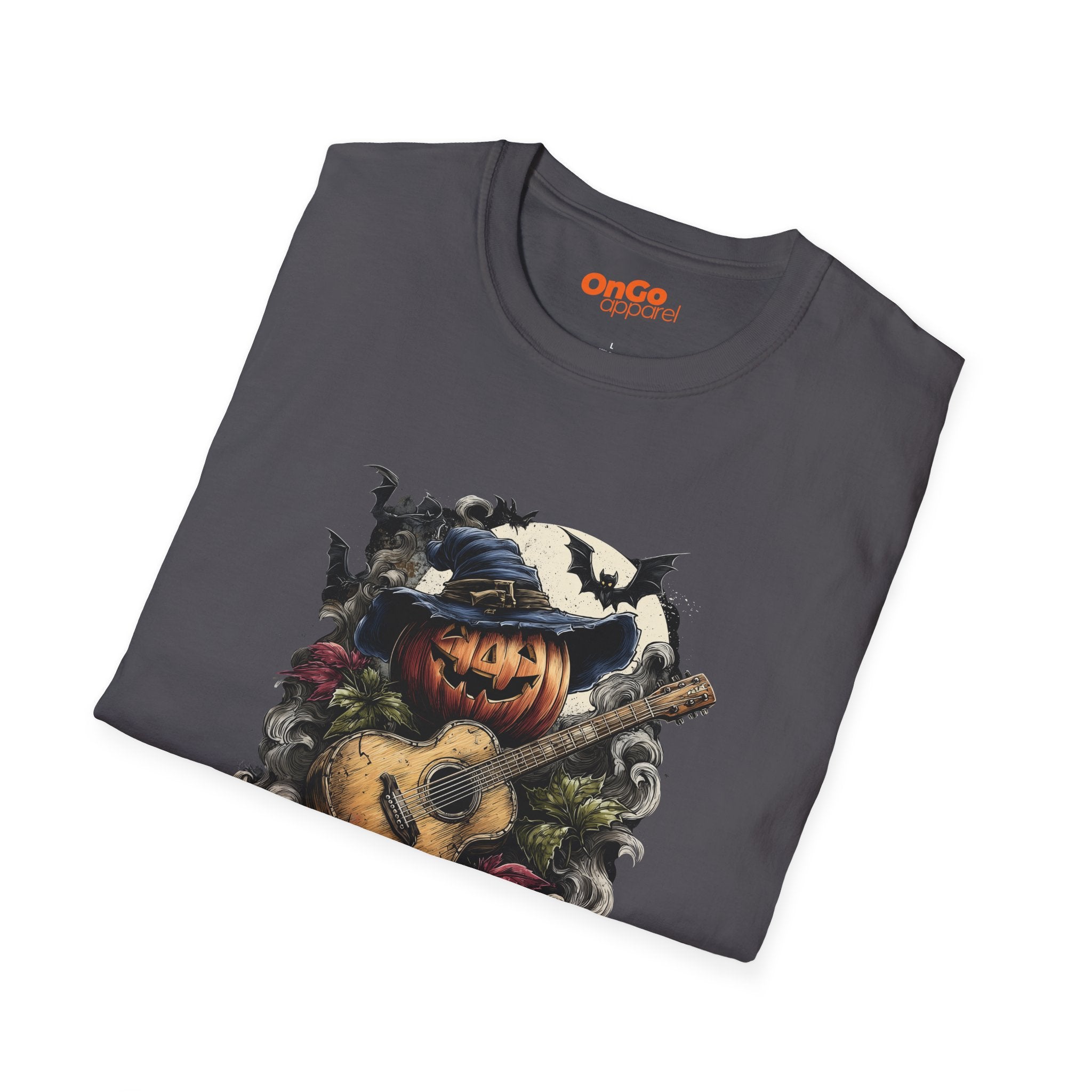 Halloween Pumpkin Guitar T-Shirt with Witch Hat