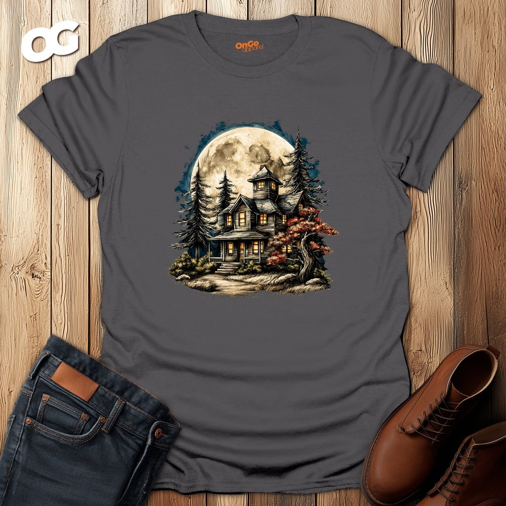 Haunted House T-Shirt with Mystical Design – charcoal – oak-wood