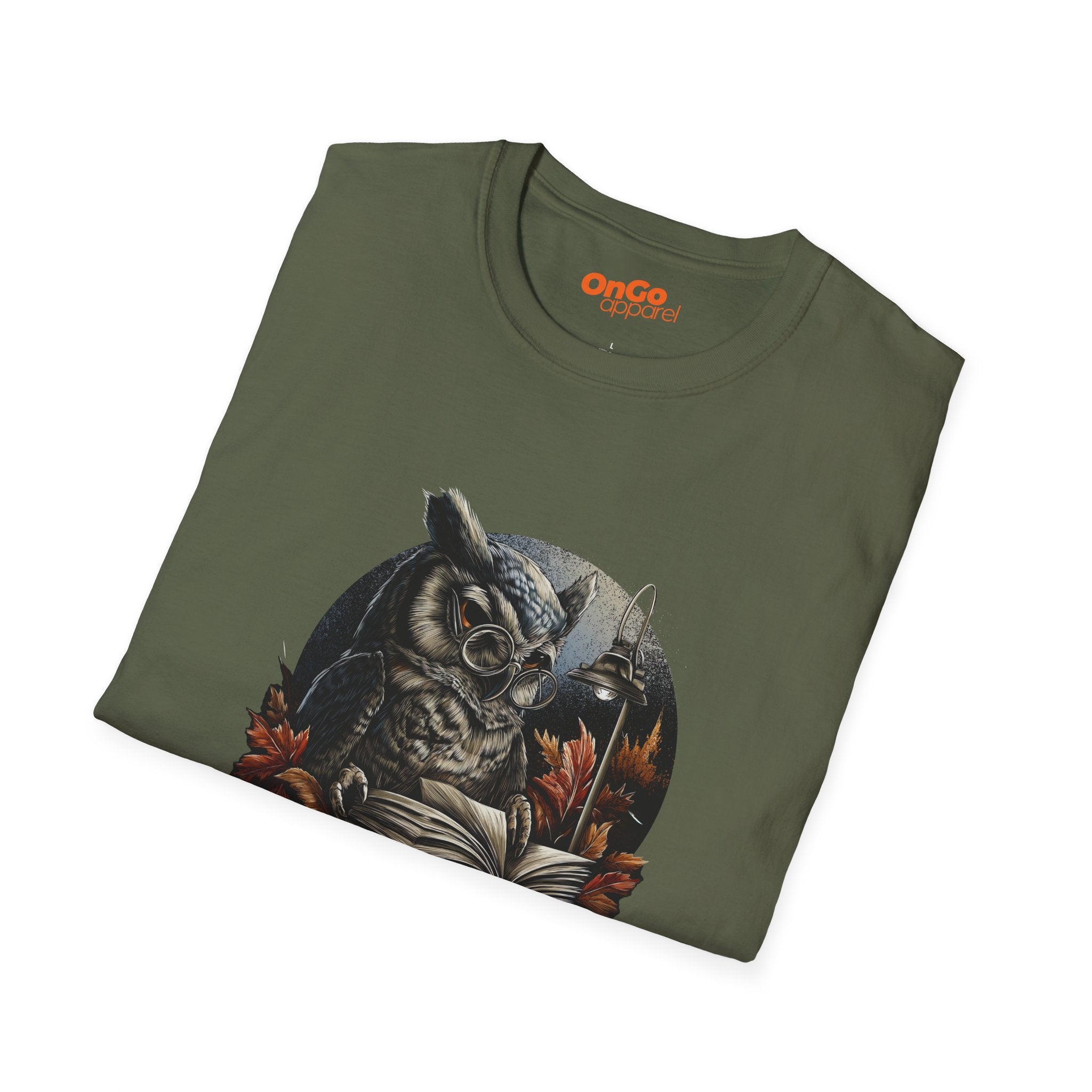 Owl Reading Book T-Shirt with Fall Leaves Design