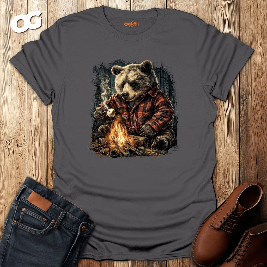 Cozy Bear Campfire T-Shirt with Marshmallow Design – charcoal – oak-wood