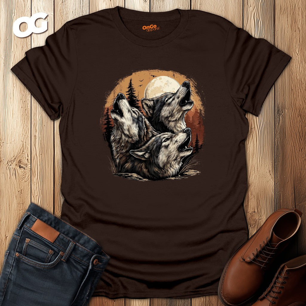 Wolf Moon T-Shirt with Howling Wolves Design – dark_chocolate – oak-wood