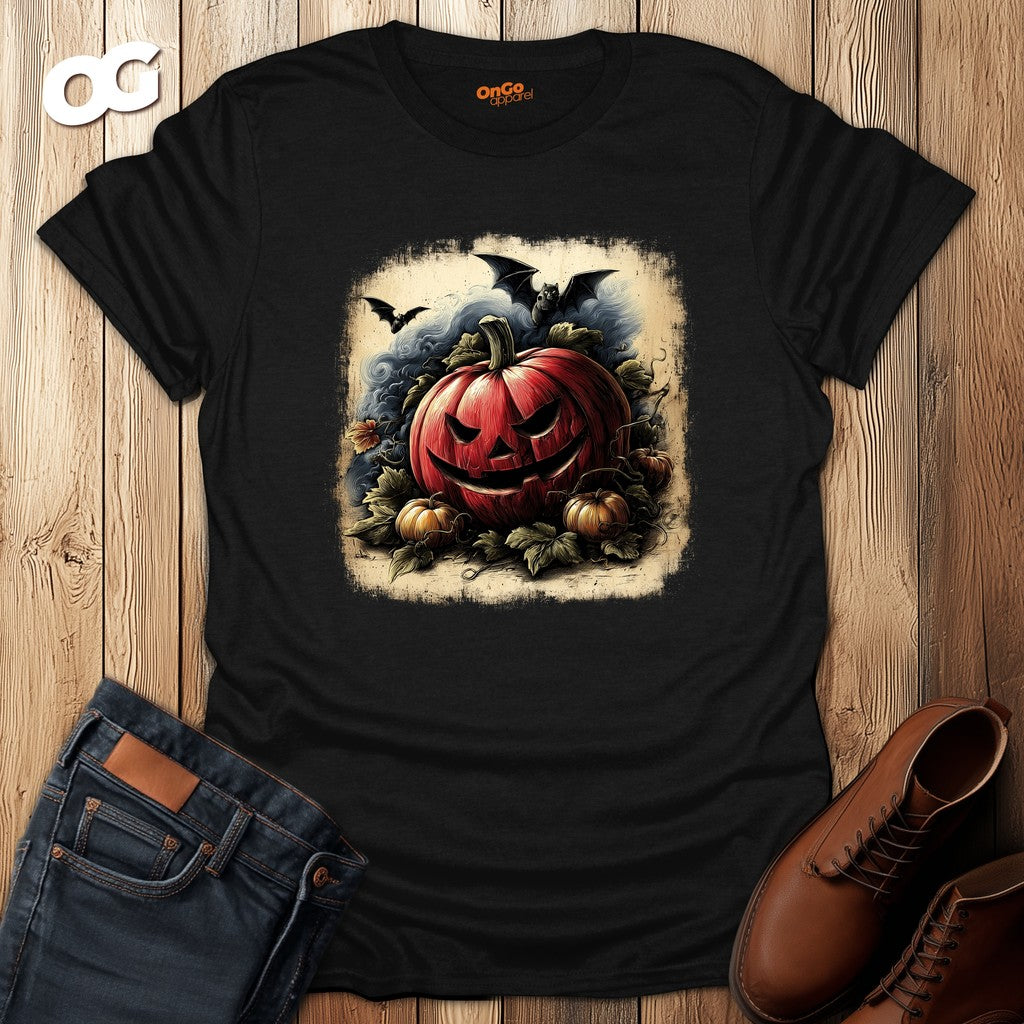 Jack-o'-Lantern Halloween T-shirt with Bats Design – black – oak-wood