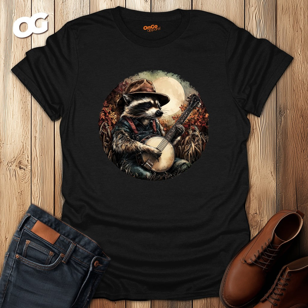 Raccoon with Banjo T-Shirt - Woodland Music Art – black – oak-wood
