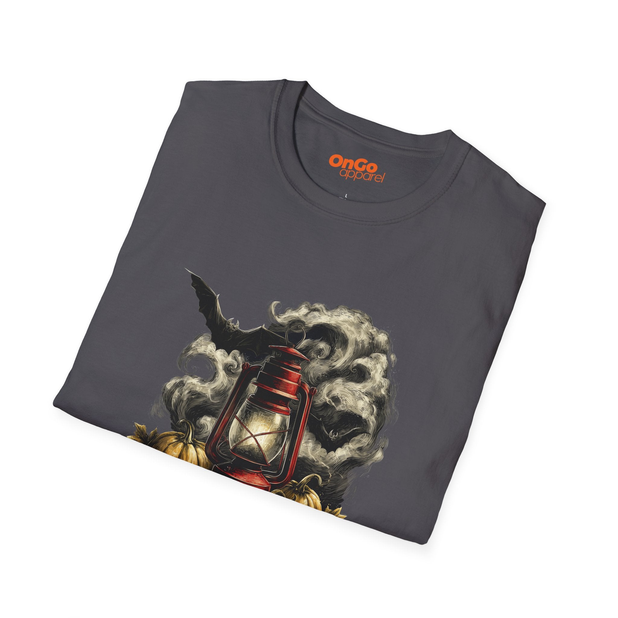 Eerie Lantern T-Shirt with Bats and Pumpkins Design