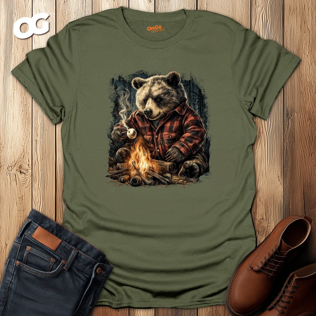 Cozy Bear Campfire T-Shirt with Marshmallow Design – military_green – oak-wood