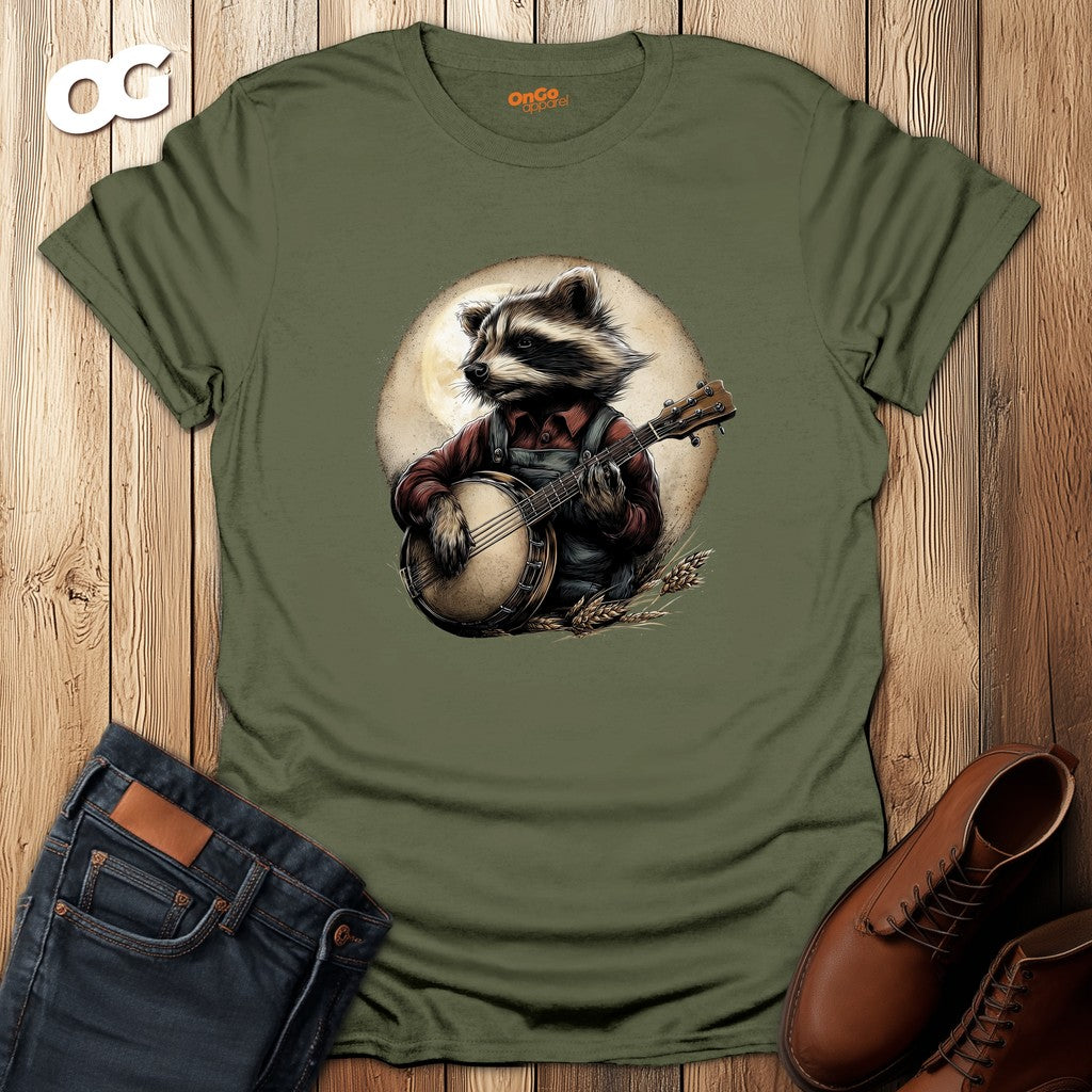 Raccoon Banjo Player T-Shirt – military_green – oak-wood