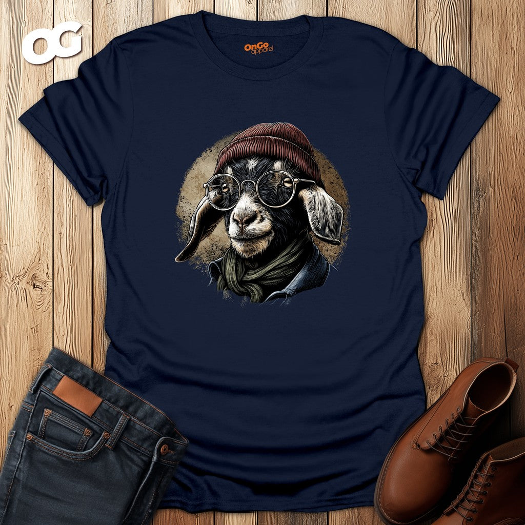 Trendy Goat T-Shirt with Glasses and Beanie Design – navy – oak-wood