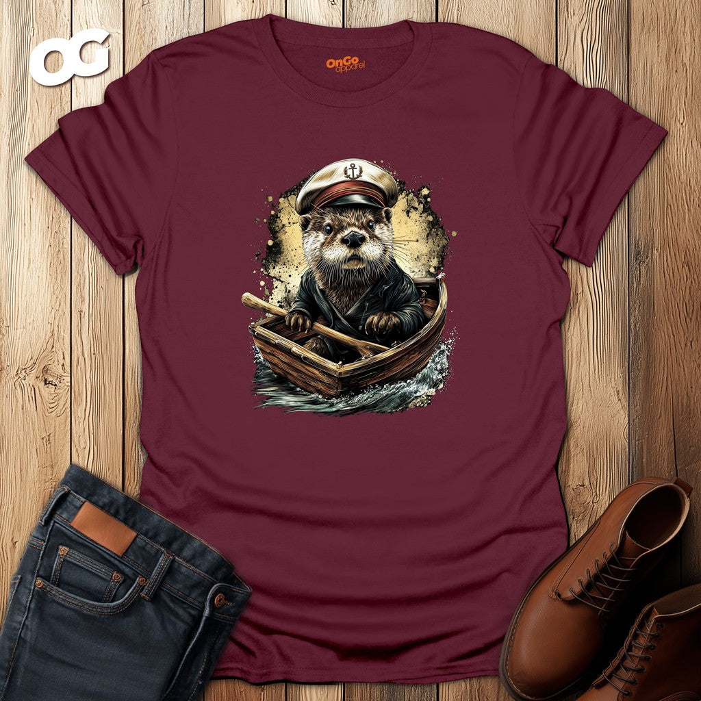 Charming Otter Captain T-Shirt with Rowboat Design – maroon – oak-wood