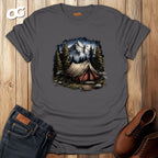Camping Scene T-Shirt with Mountain and Forest Design – charcoal – oak-wood