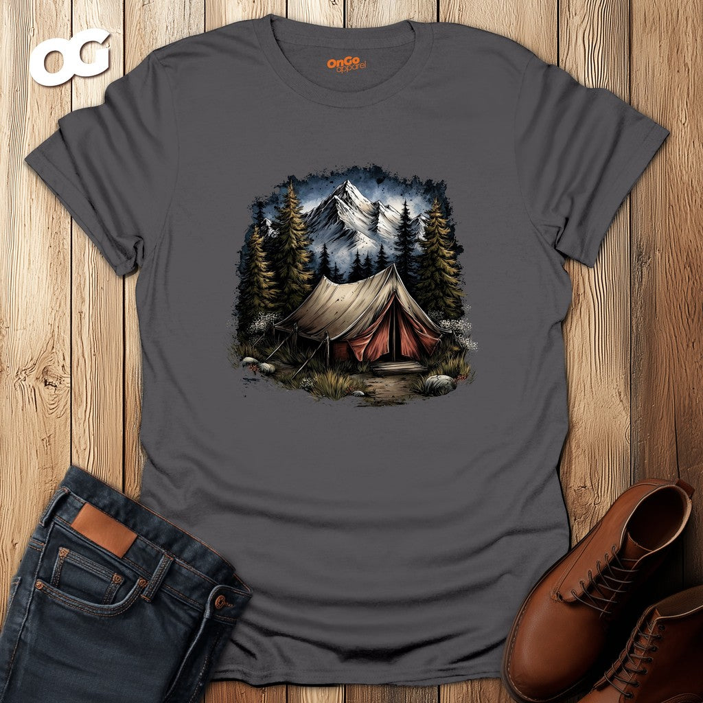 Camping Scene T-Shirt with Mountain and Forest Design – charcoal – oak-wood