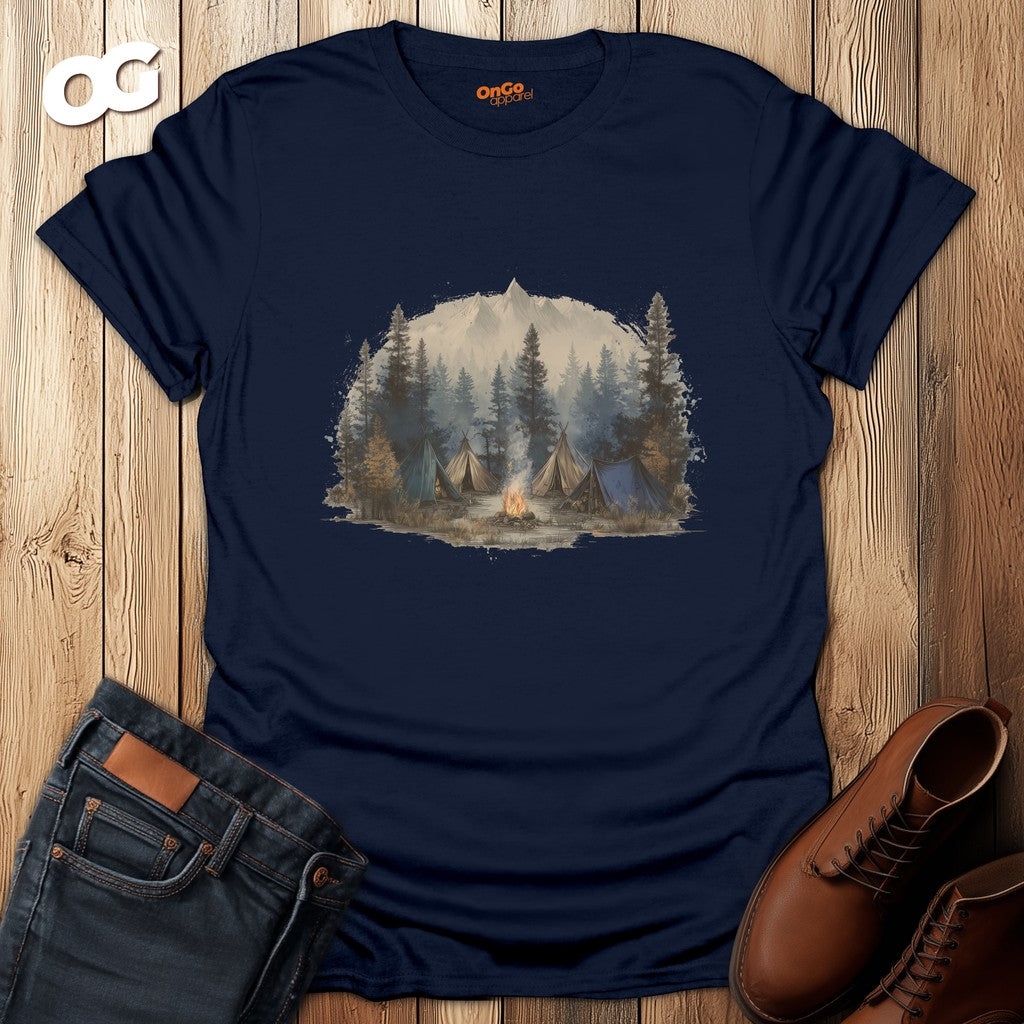 Camping Adventure T-Shirt with Mountain and Bonfire Design – navy – oak-wood