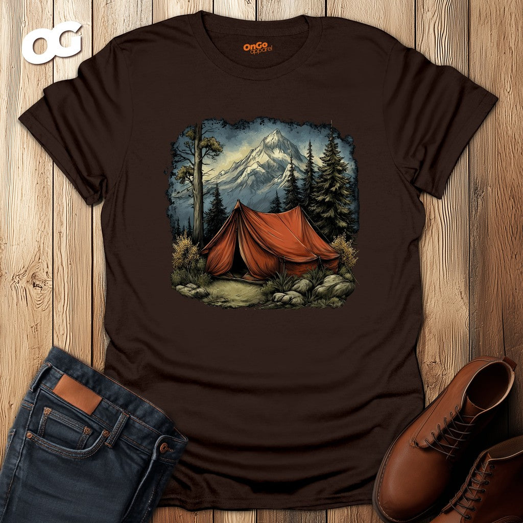 Adventure Mountain Tent Graphic T-Shirt – dark_chocolate – oak-wood