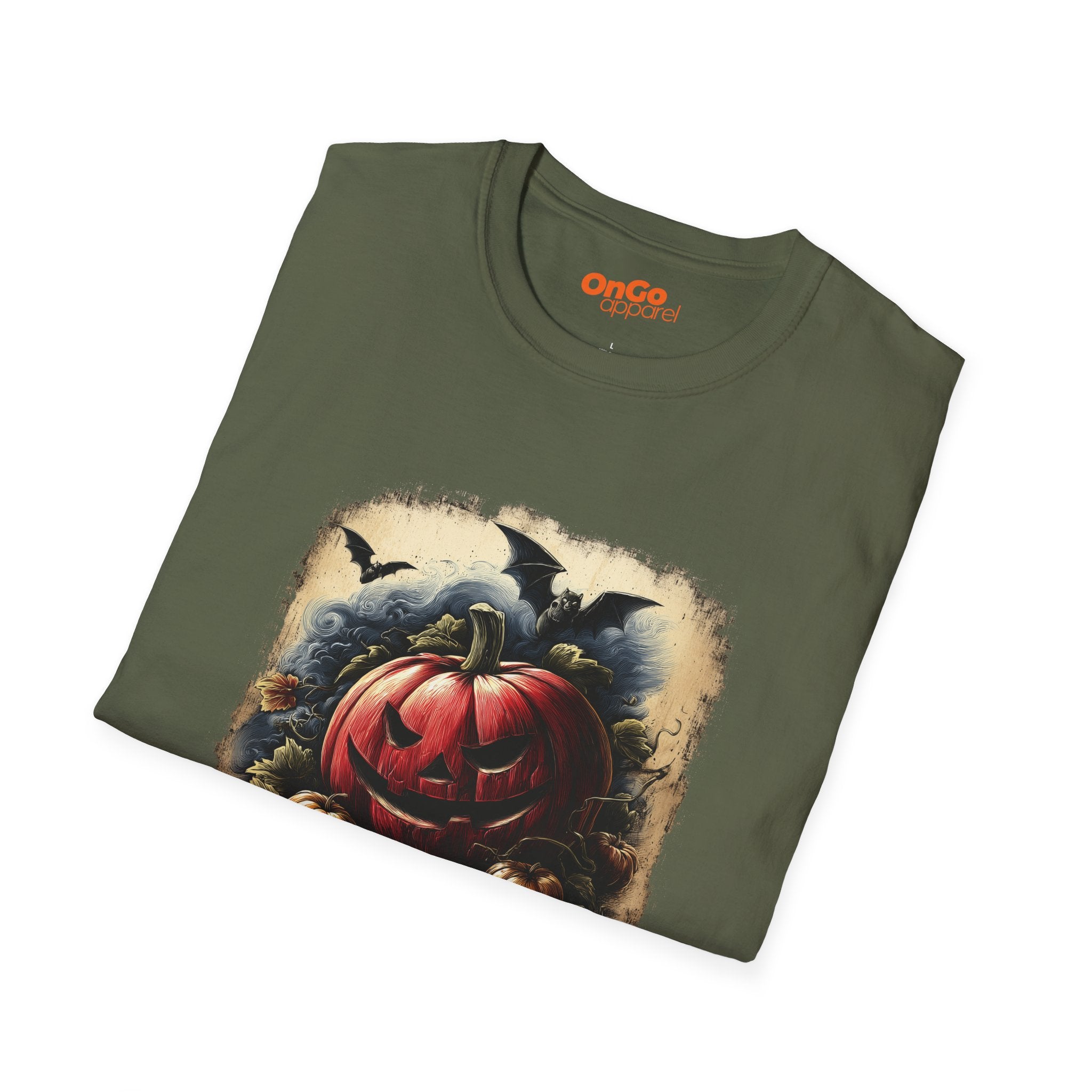 Jack-o'-Lantern Halloween T-shirt with Bats Design