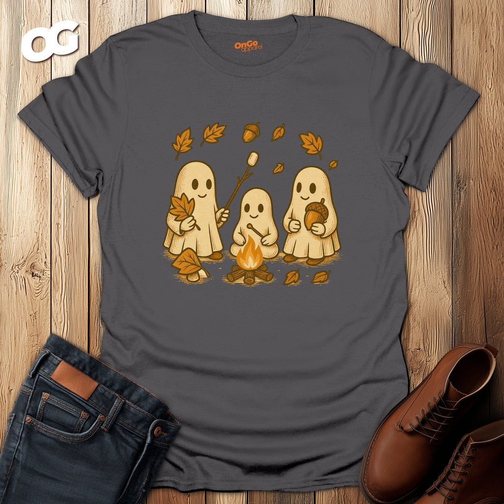 Ghosts Bonfire T-Shirt with Autumn Marshmallow Design – charcoal – oak-wood
