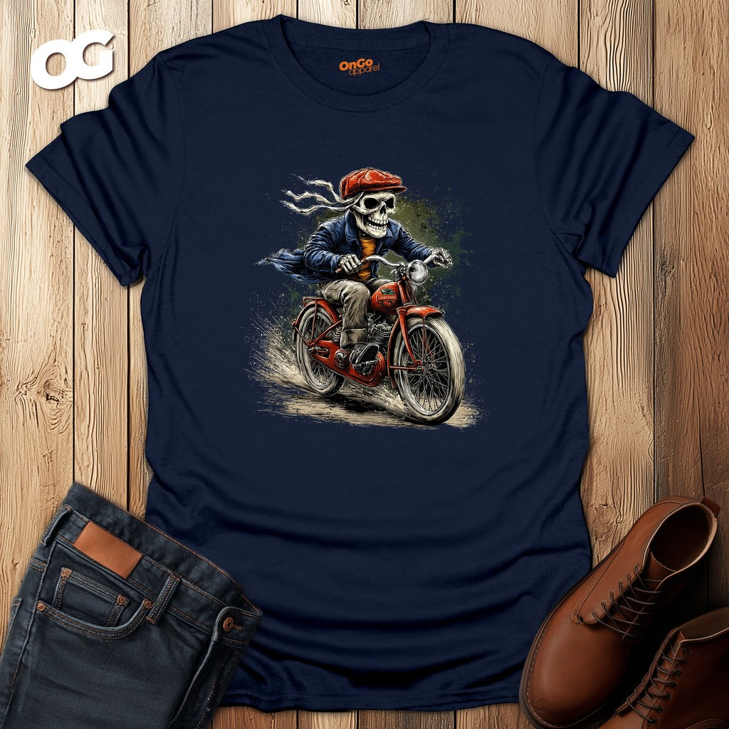 Skeleton Riding Bicycle Graphic T-Shirt – navy – oak-wood