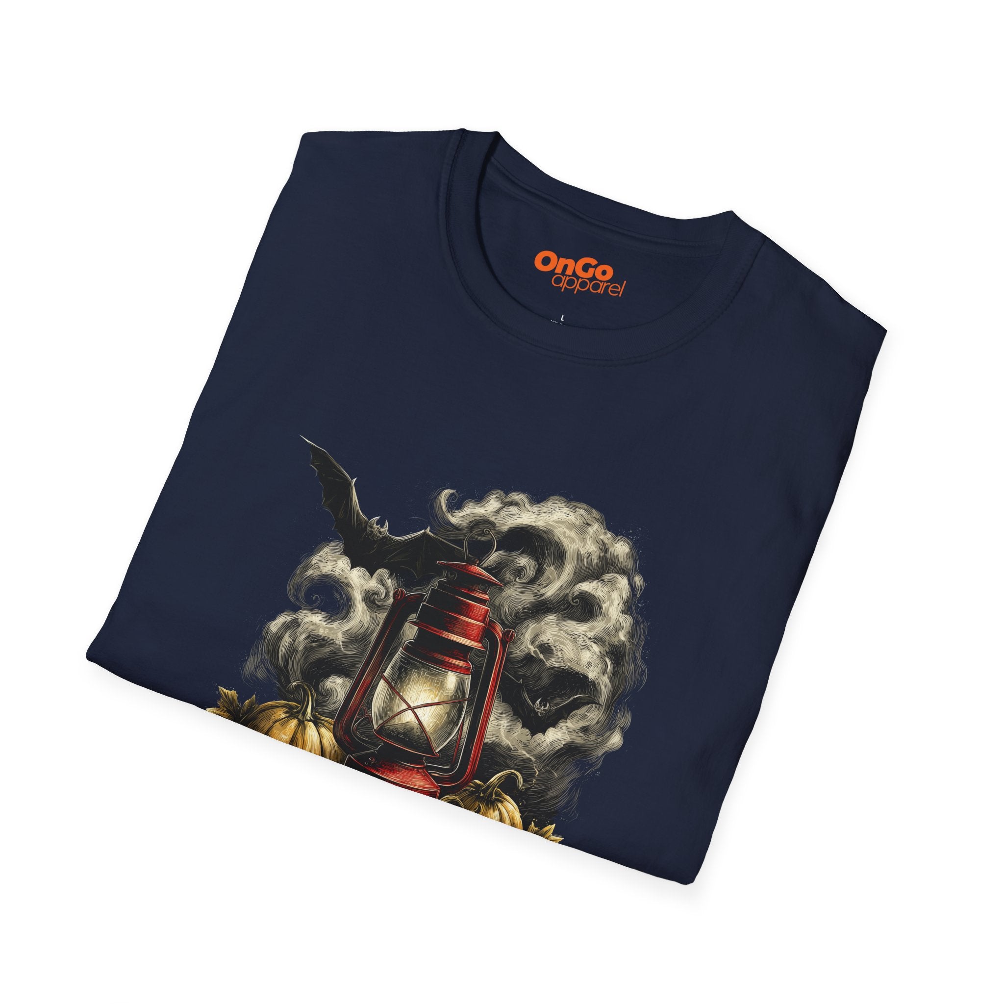 Eerie Lantern T-Shirt with Bats and Pumpkins Design