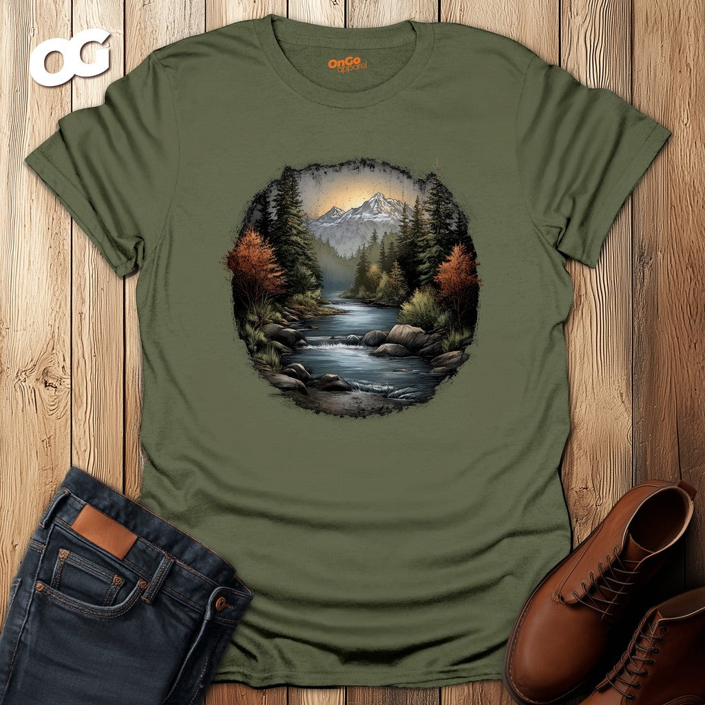 Nature Landscape T-Shirt with River and Mountain Design – military_green – oak-wood