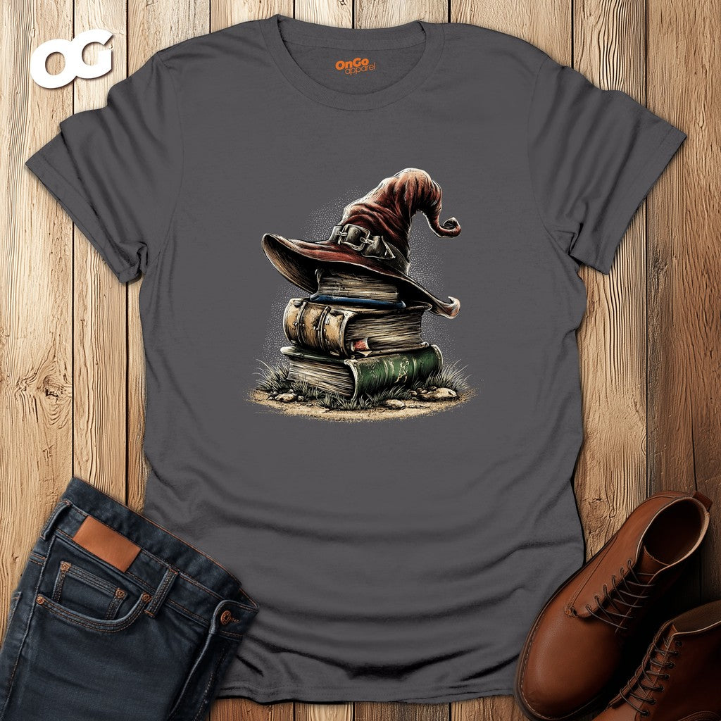 Mystical Wizard Hat and Books T-Shirt – charcoal – oak-wood
