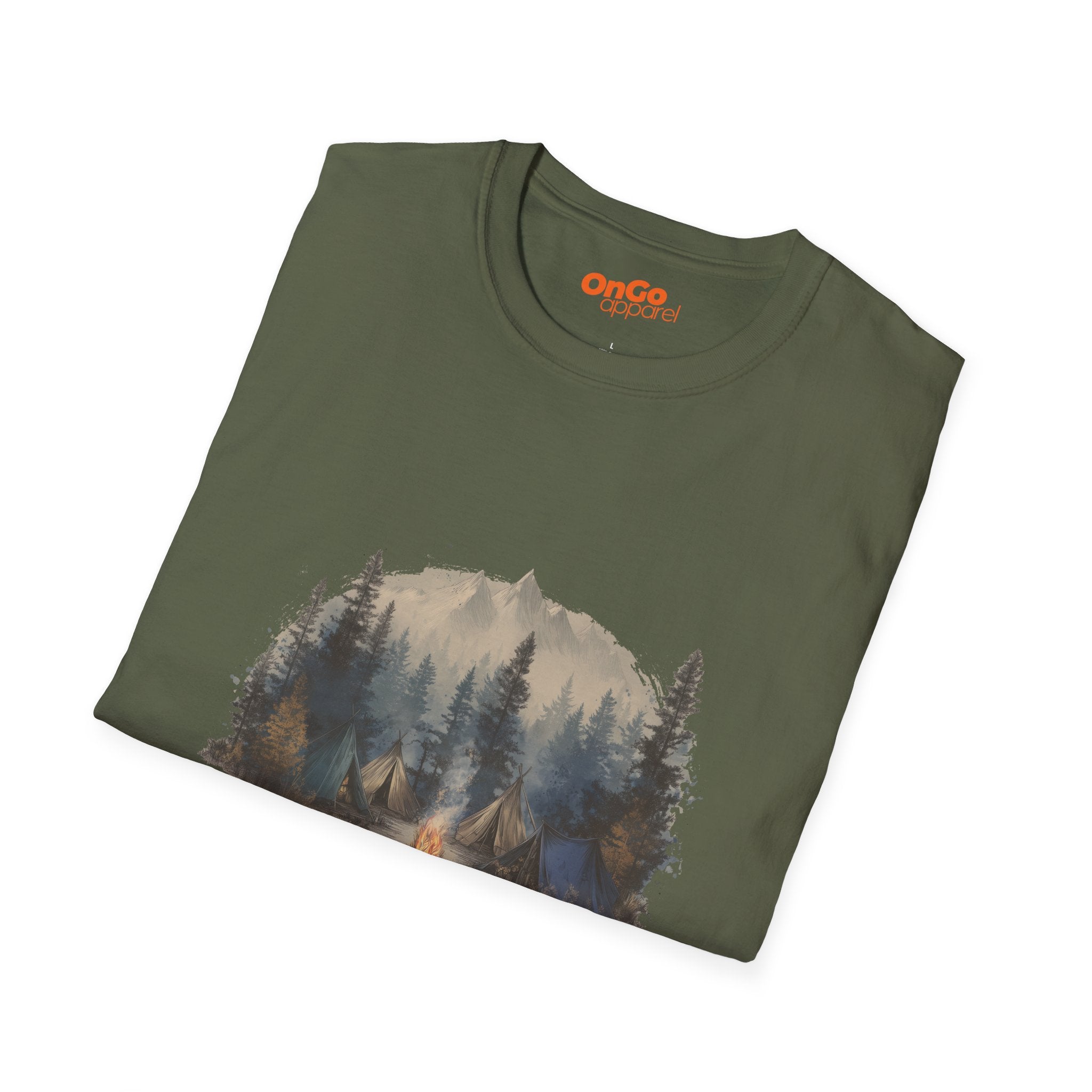 Camping Adventure T-Shirt with Mountain and Bonfire Design