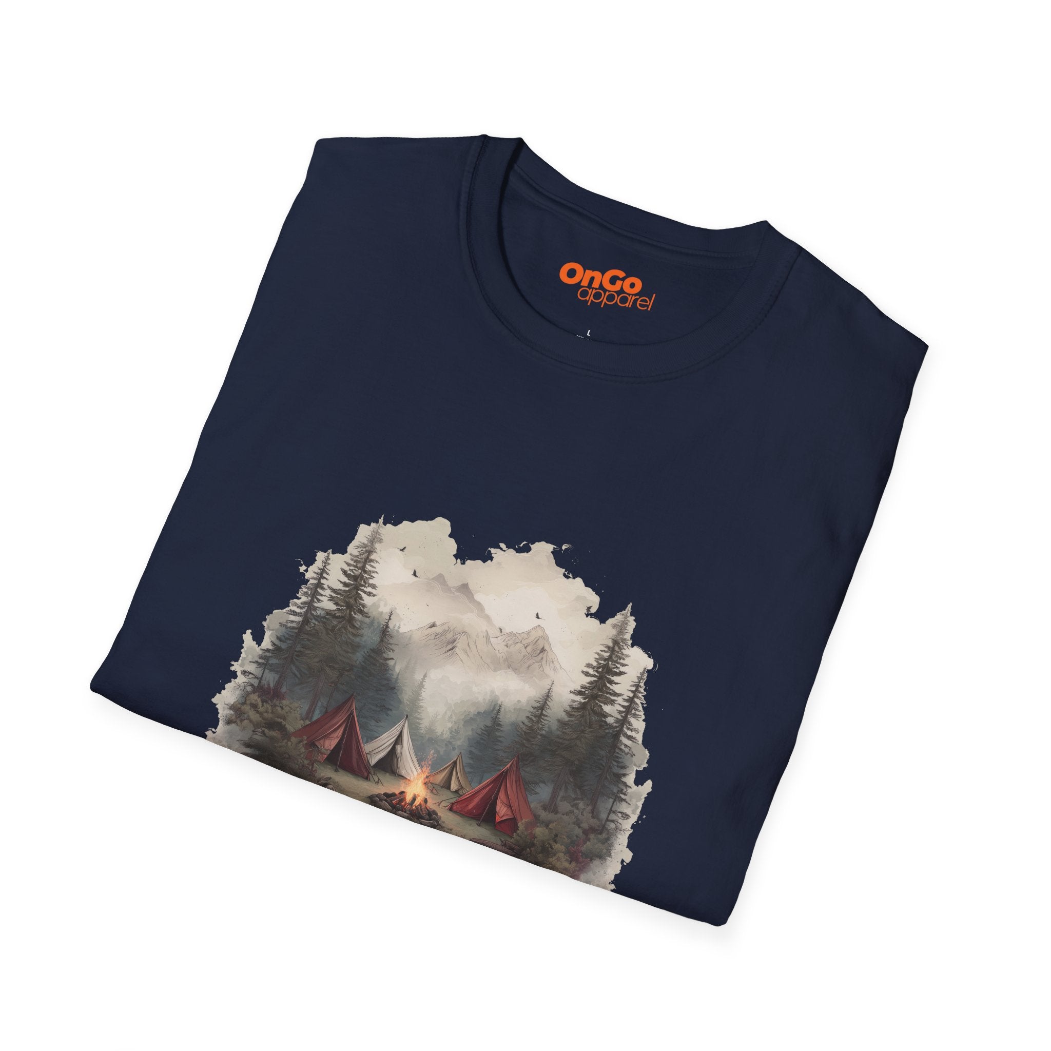 Camping Adventure T-Shirt with Bonfire and Mountain Scene