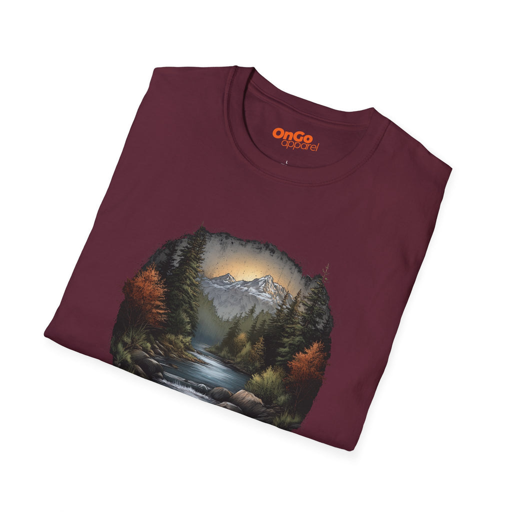 Nature Landscape T-Shirt with River and Mountain Design