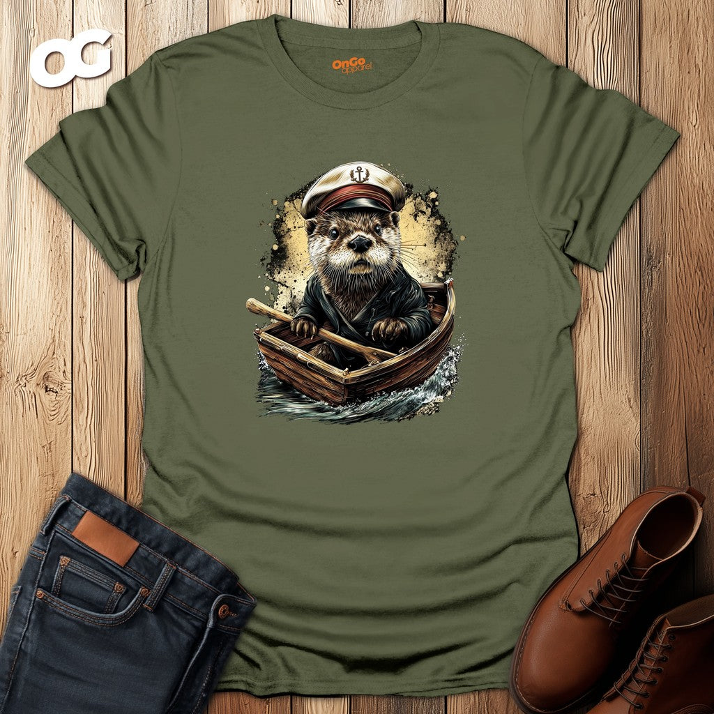 Charming Otter Captain T-Shirt with Rowboat Design – military_green – oak-wood