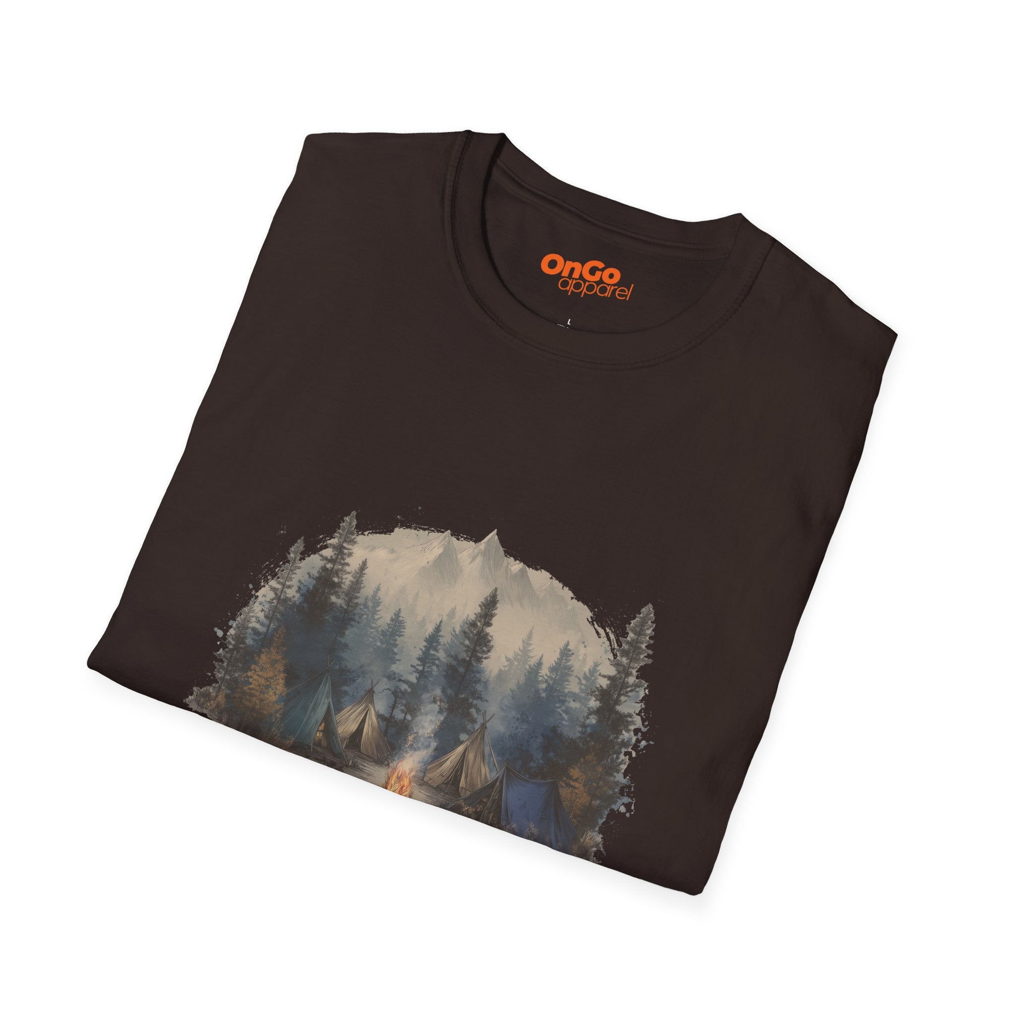 Camping Adventure T-Shirt with Mountain and Bonfire Design